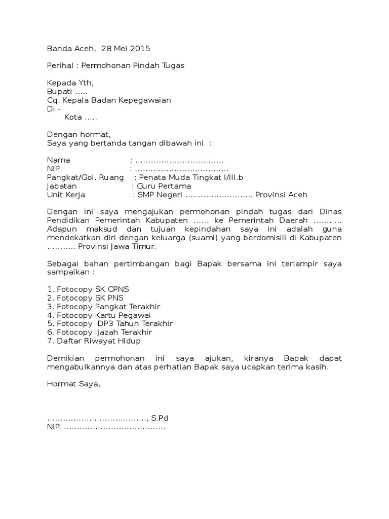 Contoh Surat Rekomendasi Mutasi