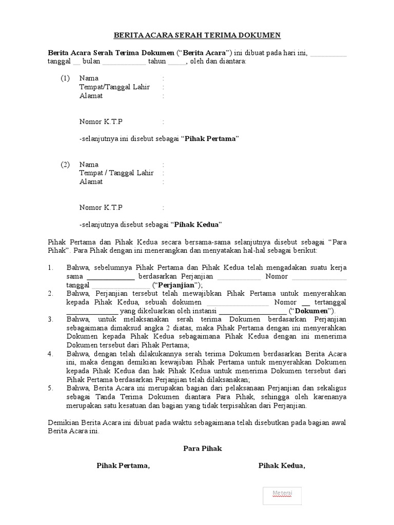 Contoh Berita Acara Serah Terima Dokumen