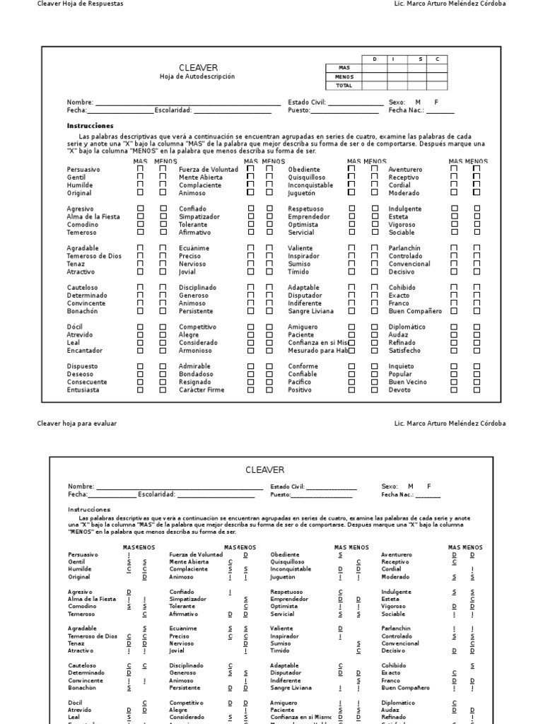 Hoja de Respuestas del Test Cleaver | PDF | Cognición | Conceptos ...