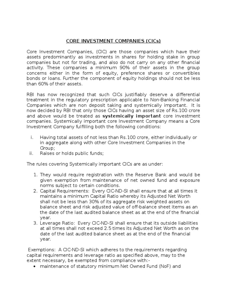 Core Investment Companies (Cics) PDF Capital Requirement Balance