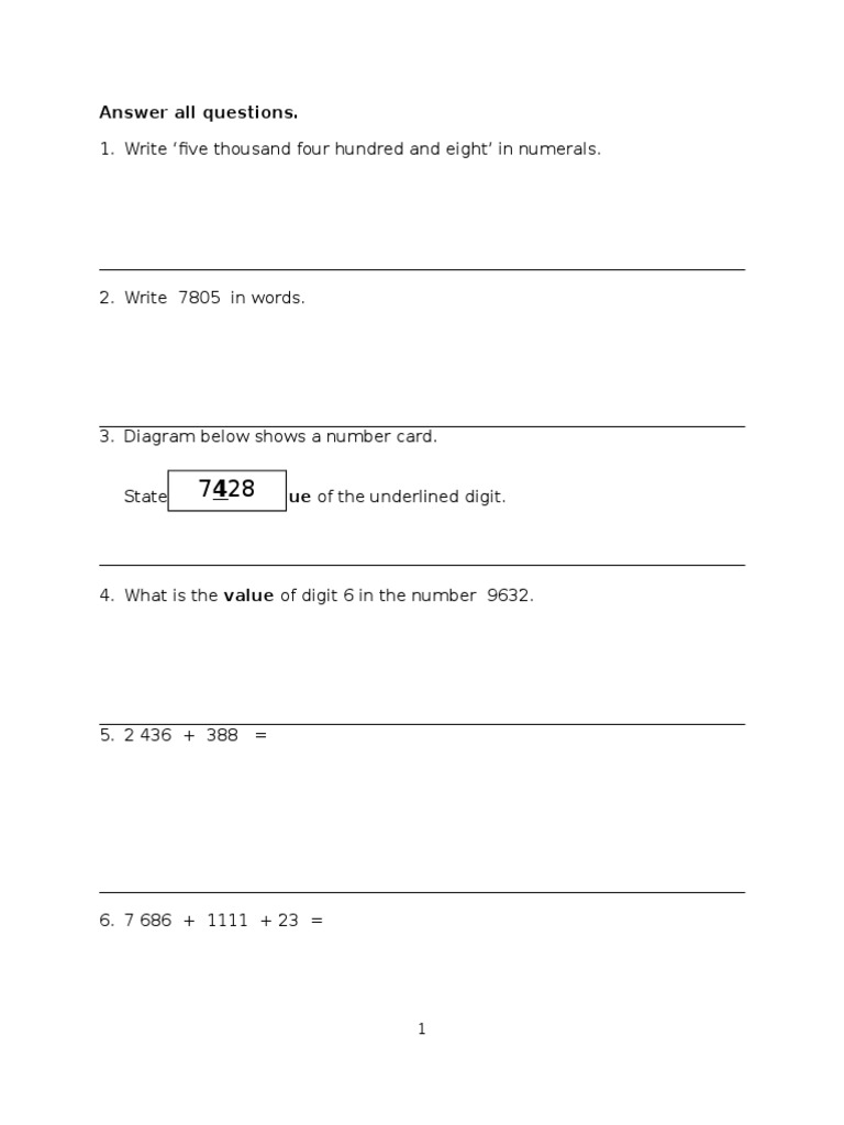 Grade 1 Math Exam Questions | PDF