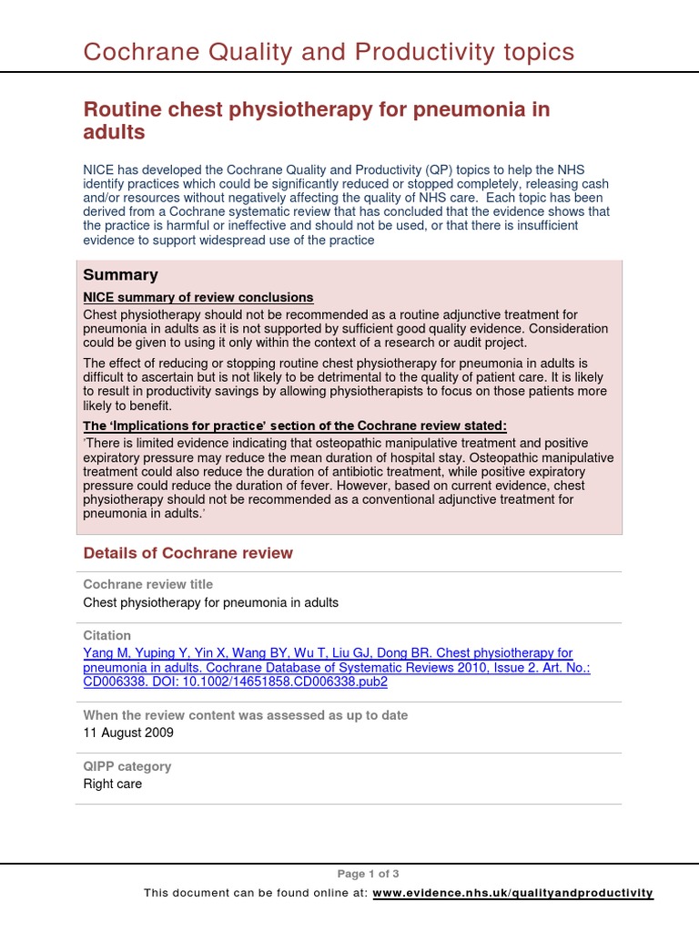 Routine Chest Physiotherapy For Pneumonia In Adults Pdf Patient