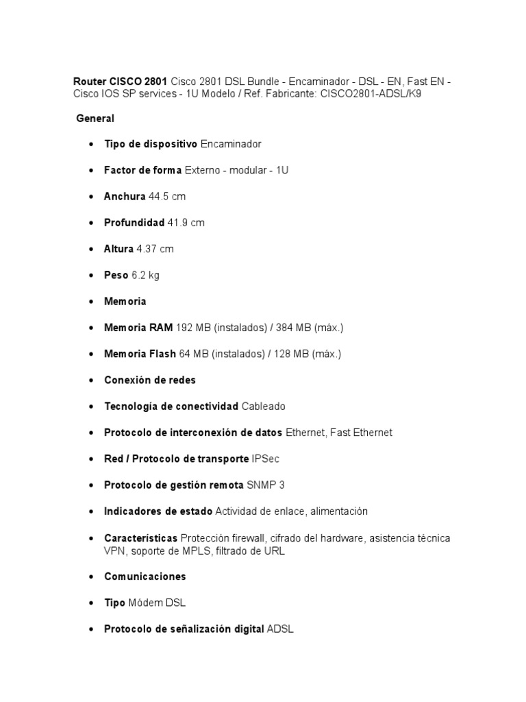 Router CISCO 2801 Especificaciones | PDF