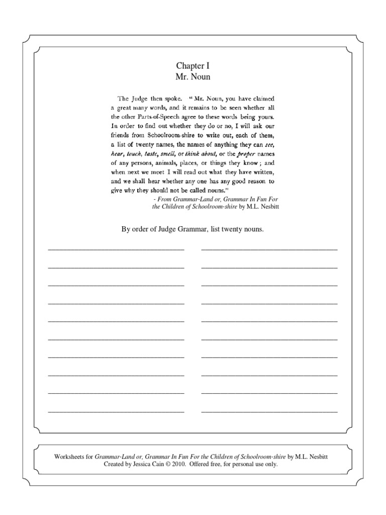 Grammar Land Worksheets PDF Part Of Speech Verb