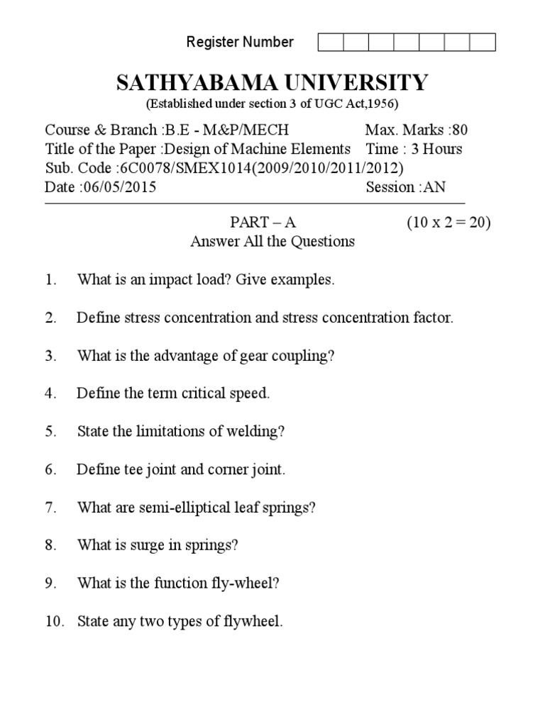 Machine Elements Design Exam Paper | PDF | Strength Of Materials | Screw