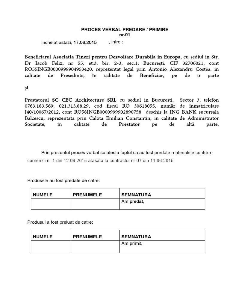 Proces Verbal Predare Primire