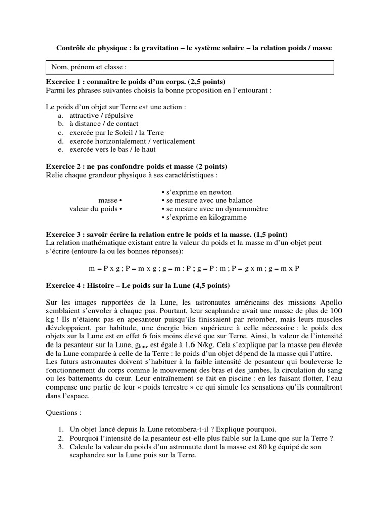 Exercice Gravitation Systeme Solaire Poids Masse