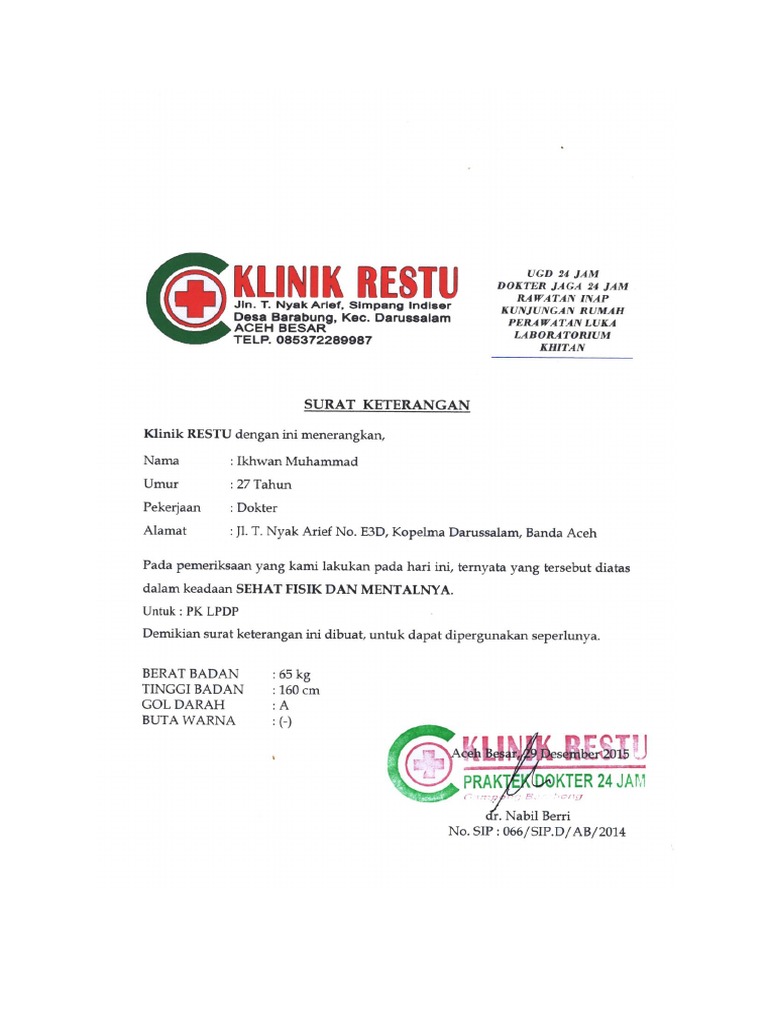 Contoh Surat Keterangan Sehat Ikhwan Muhammad