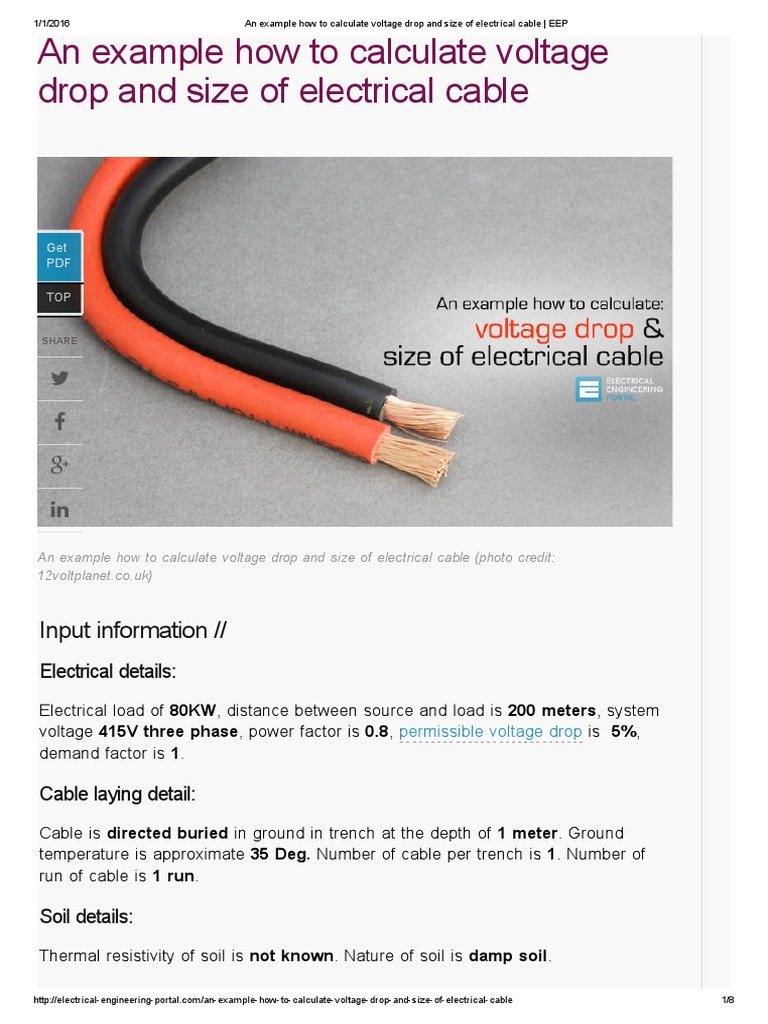 An Example How To Calculate Voltage Drop and Size of Electrical Cable