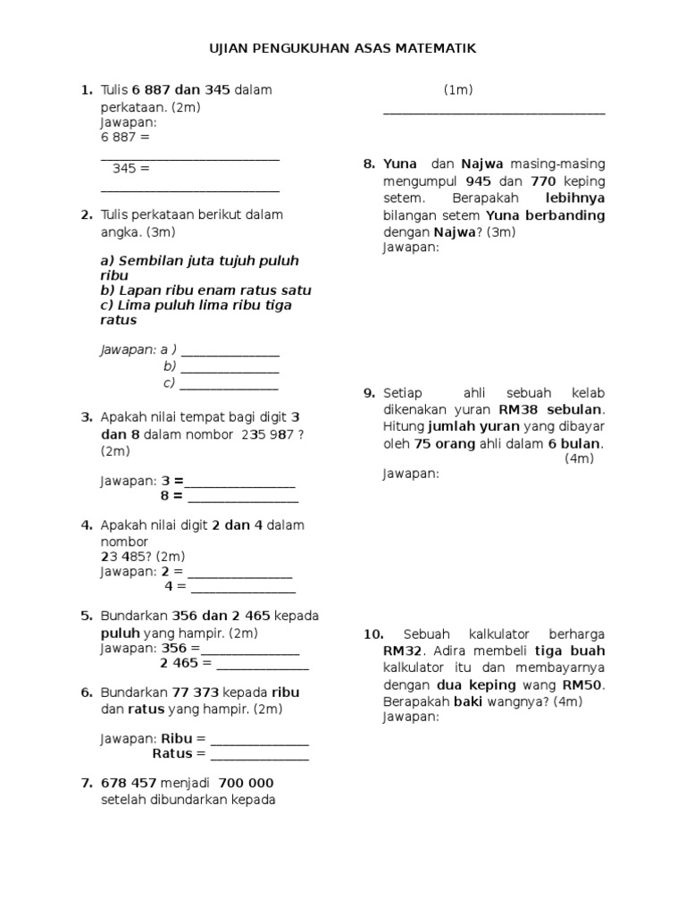 Soalan Matematik Tingkatan 1 Pdf