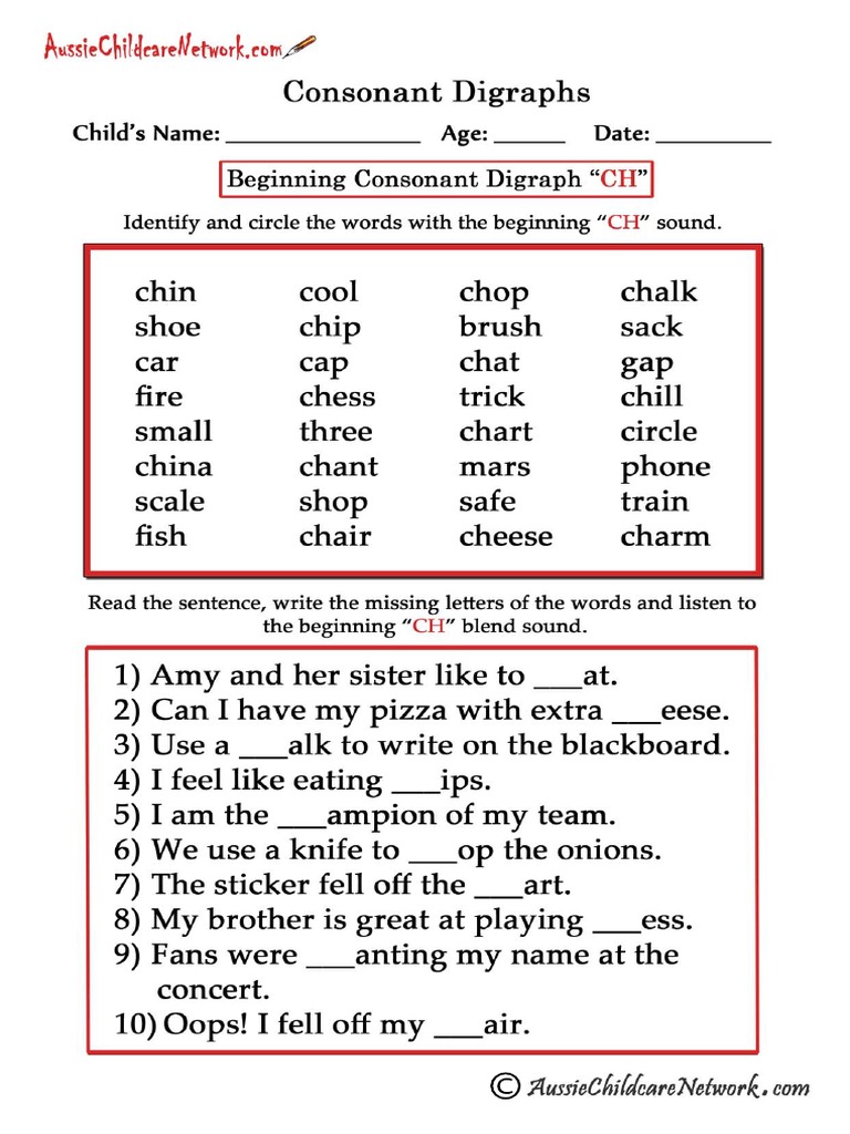 consonant digraphs worksheets beginning ch