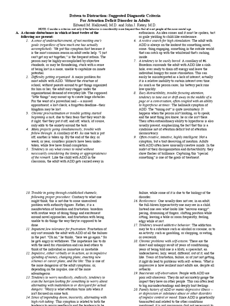 ADD Diagnostic Criteria for Adults | PDF | Attention Deficit ...