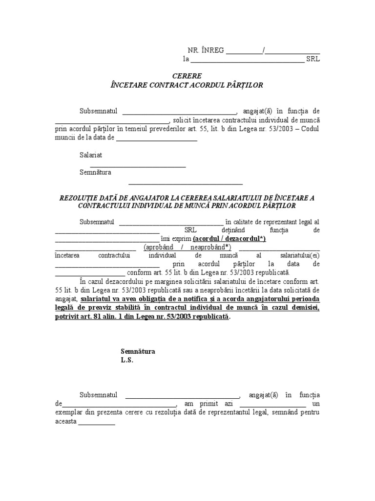 Cerere Incetare Cim Acordul Partilor