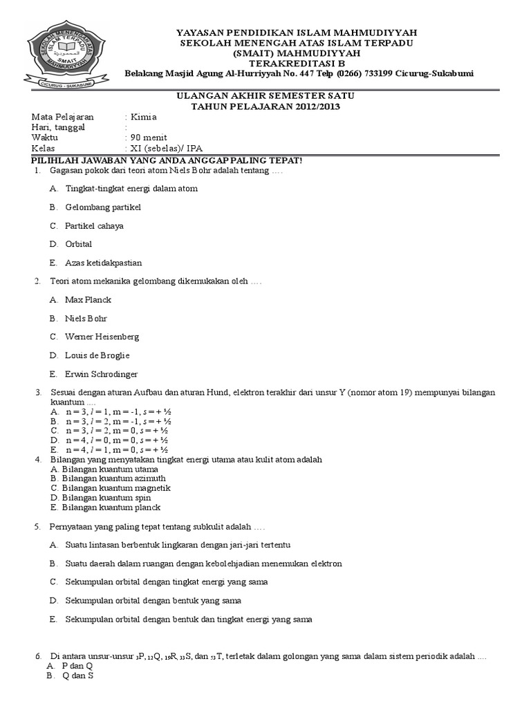 Soal Uas Kimia Kelas Xi