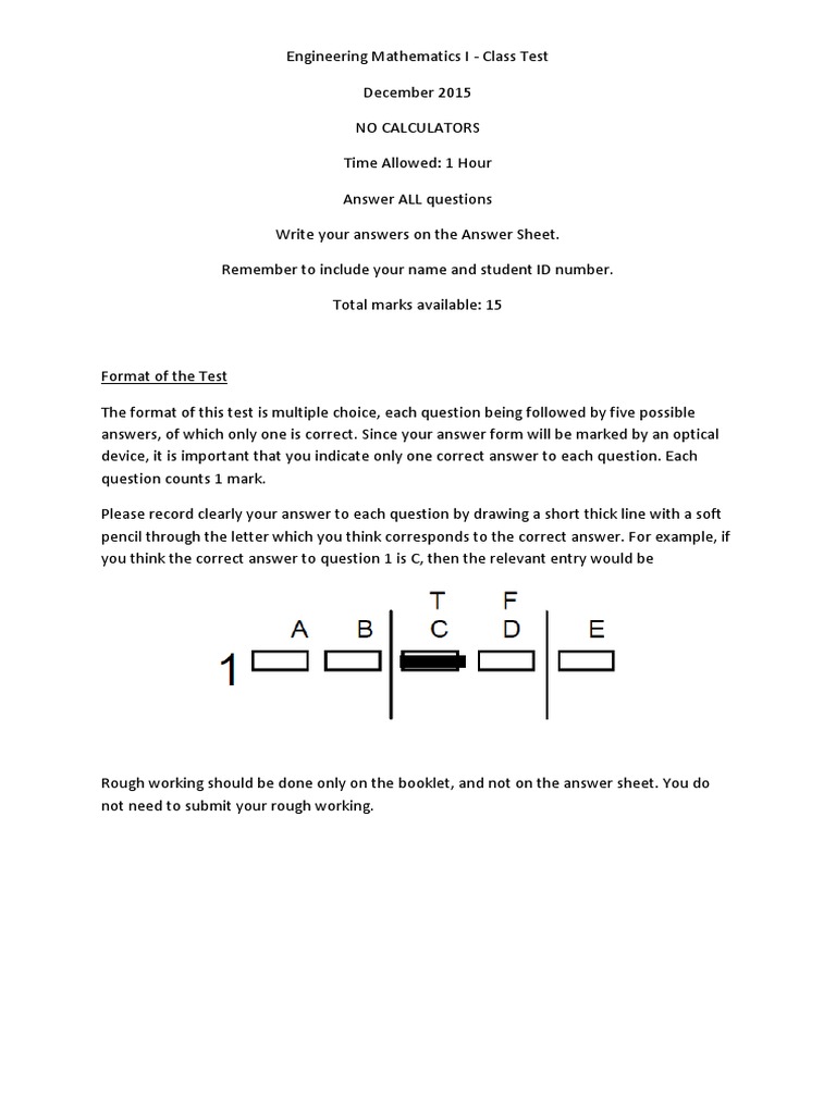 Engineering Mathematics Test - Dec 2015 | PDF | Multiple Choice | Geometry