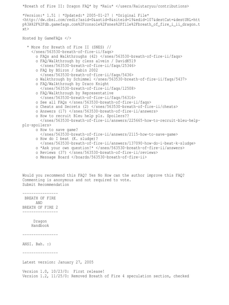 GameFAQs Breath of Fire II (SNES) Dragon FAQ by Raiu | PDF | Strategy ...