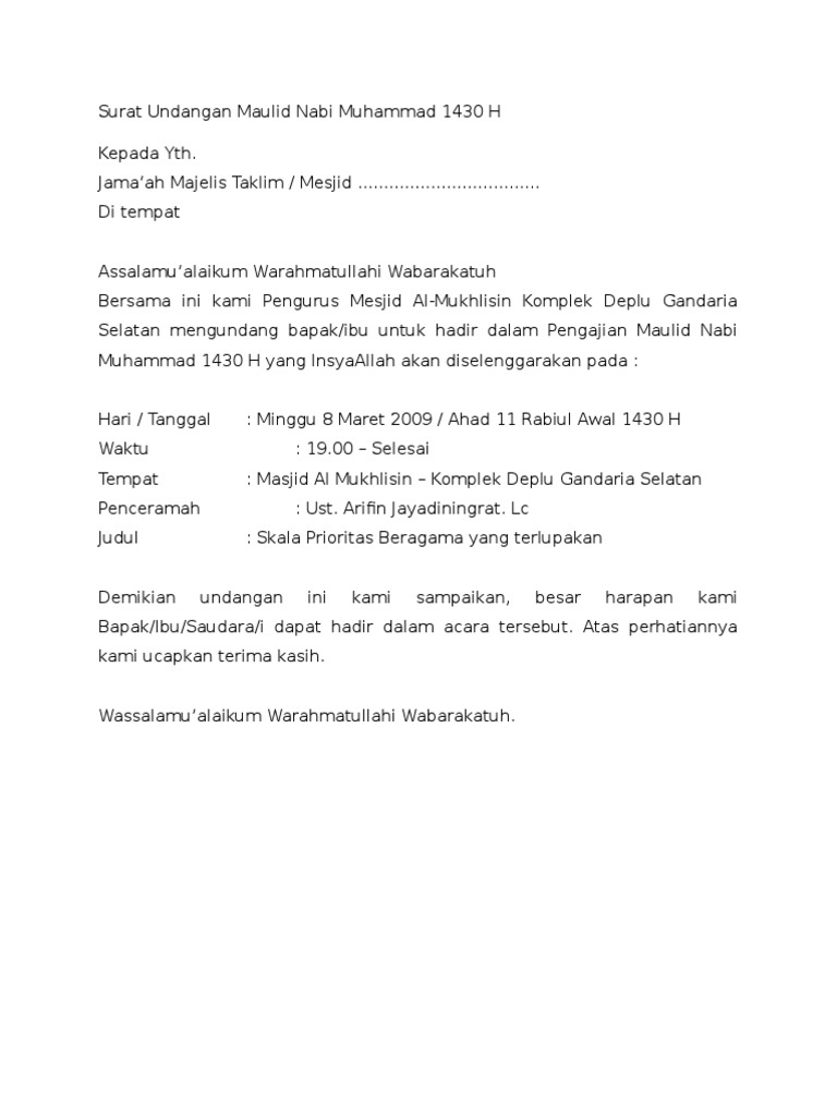 Contoh Surat Undangan Maulid Nabi Muhammad Saw