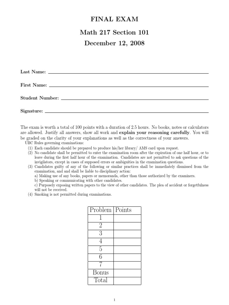 Final Exam Math 217 Section 101 December 12, 2008 | PDF | Test ...