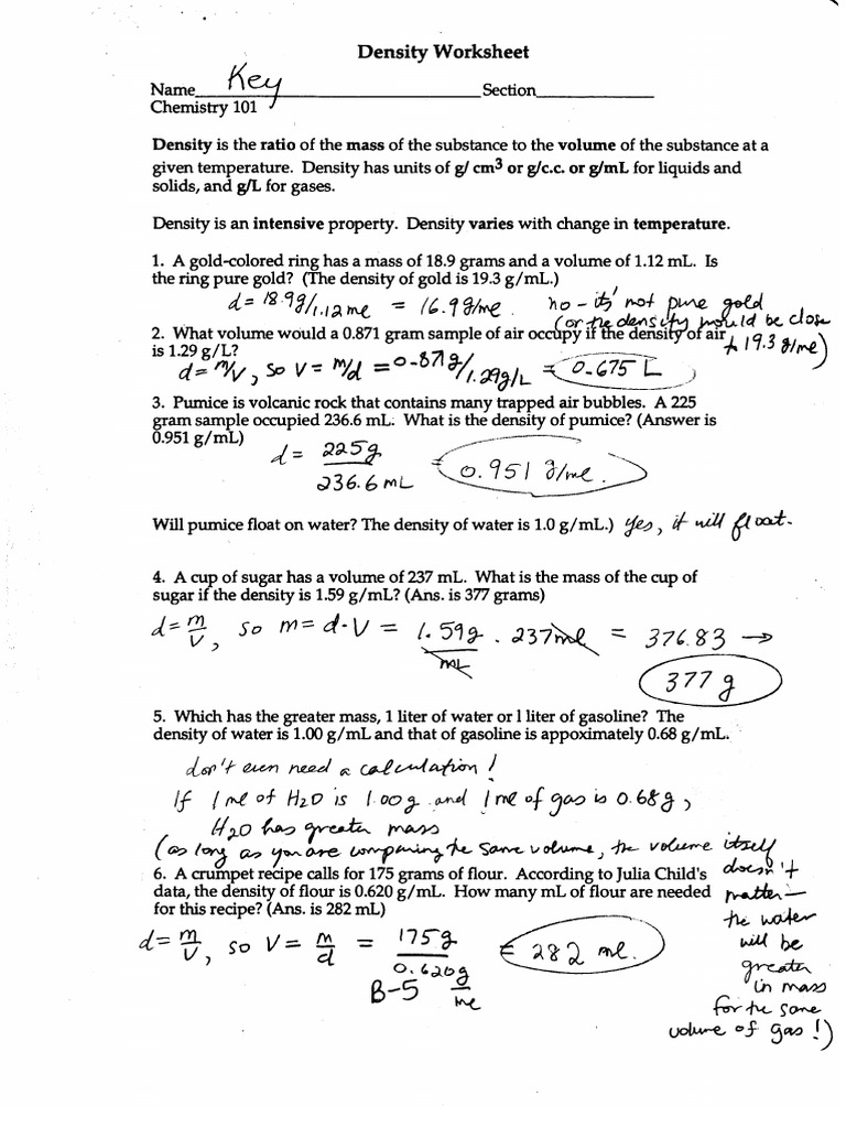 Density Practice Key With Density Worksheet Answer Key