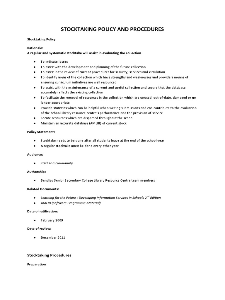 Stocktaking Policy and Procedures PDF Libraries Databases