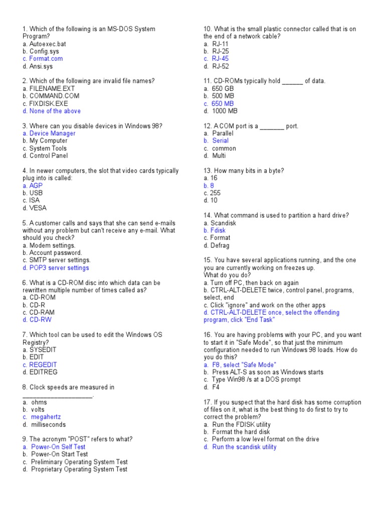 A Collection of Multiple Choice Questions Covering Fundamental Computer ...