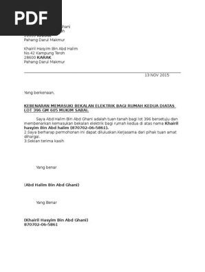 Contoh Surat Pengesahan Kedudukan Meter Tnb Kepada Pbt