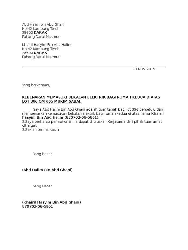 Surat Contoh Permohonan Memasuki Elertrik Melalui Tnb Pdf