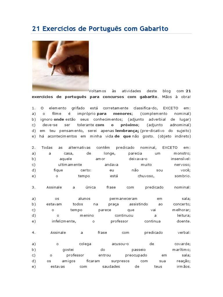 21 Exercícios de Português Com Gabarito | PDF | Pronome | Sintaxe