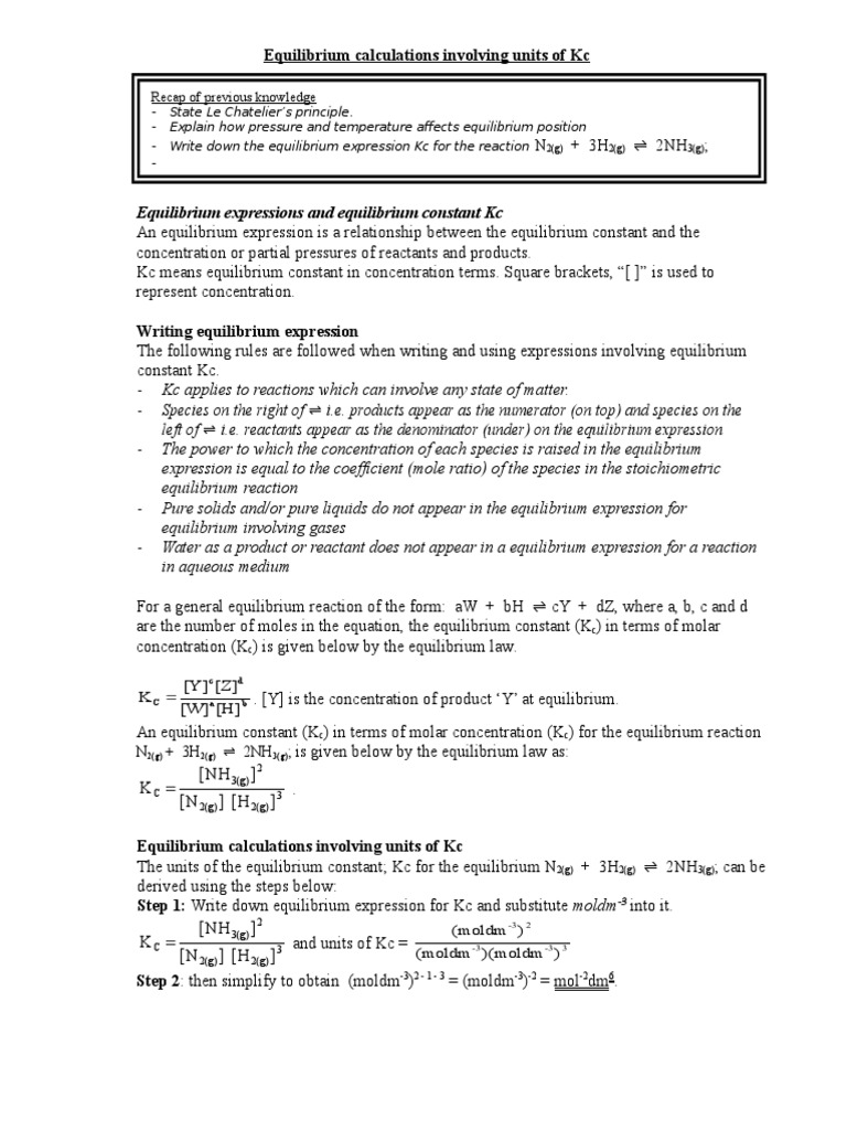 Kc Units and Equilibrium Calculations | PDF | Chemical Equilibrium ...