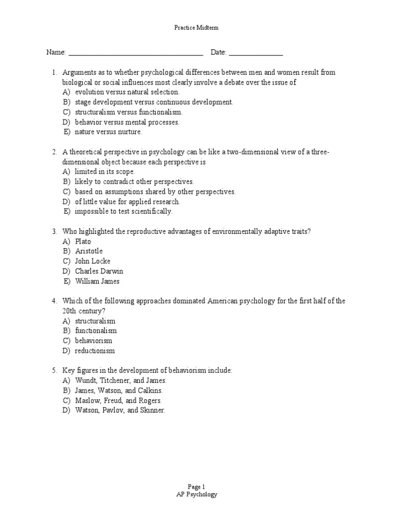 Practice Midterm AP Psychology Nervous System Neuron