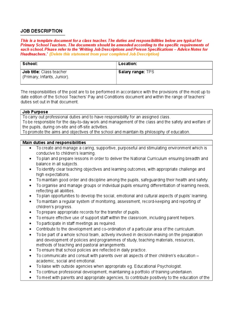 Appendix 2 Class Teacher Job Description Template v2 Feb 09 PDF