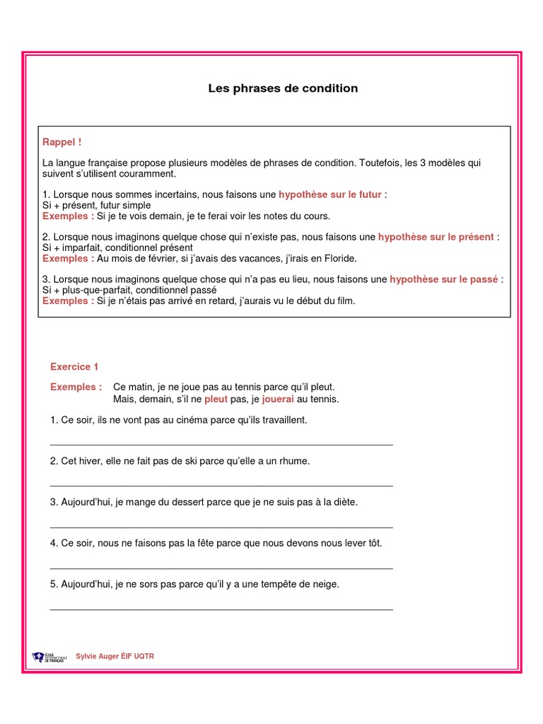 Le Conditionnel Présent Exercices Corrigés Pdf Les Phrases de Condition Exercices Et Corrige | PDF | Nourritures | Loisirs