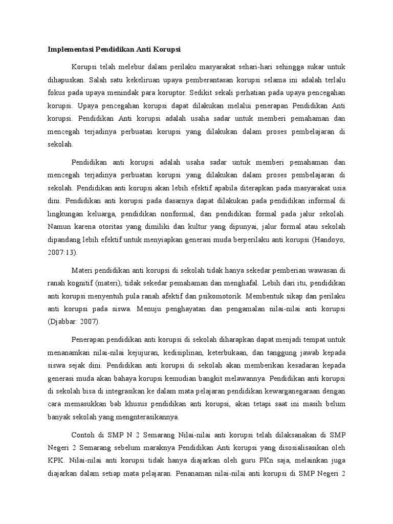 Implementasi Pendidikan Anti Korupsi