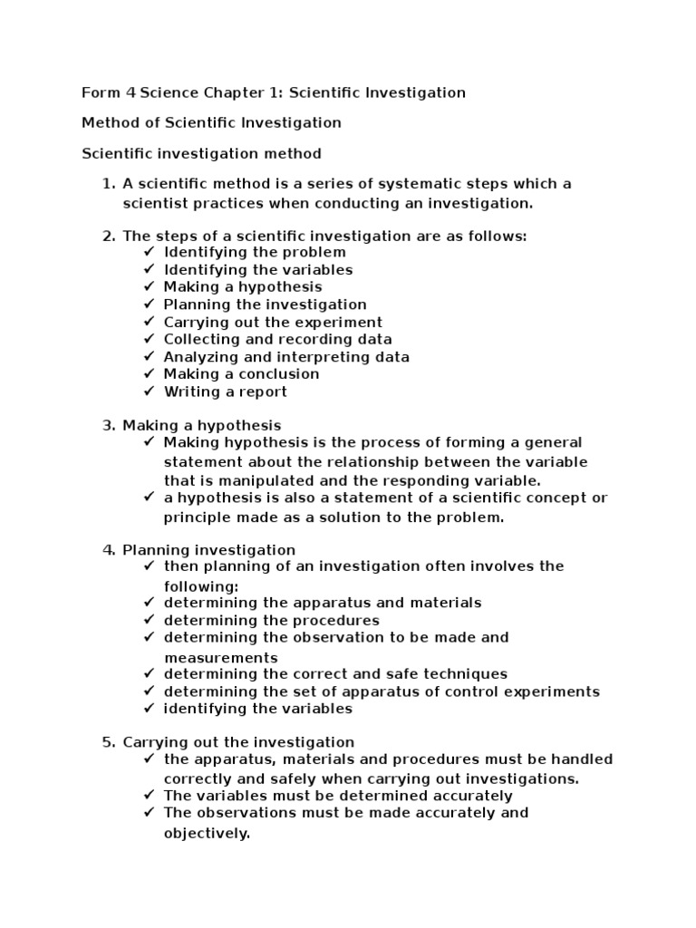 Form 4 Science Chapter 1 Notes Scientific Method Experiment
