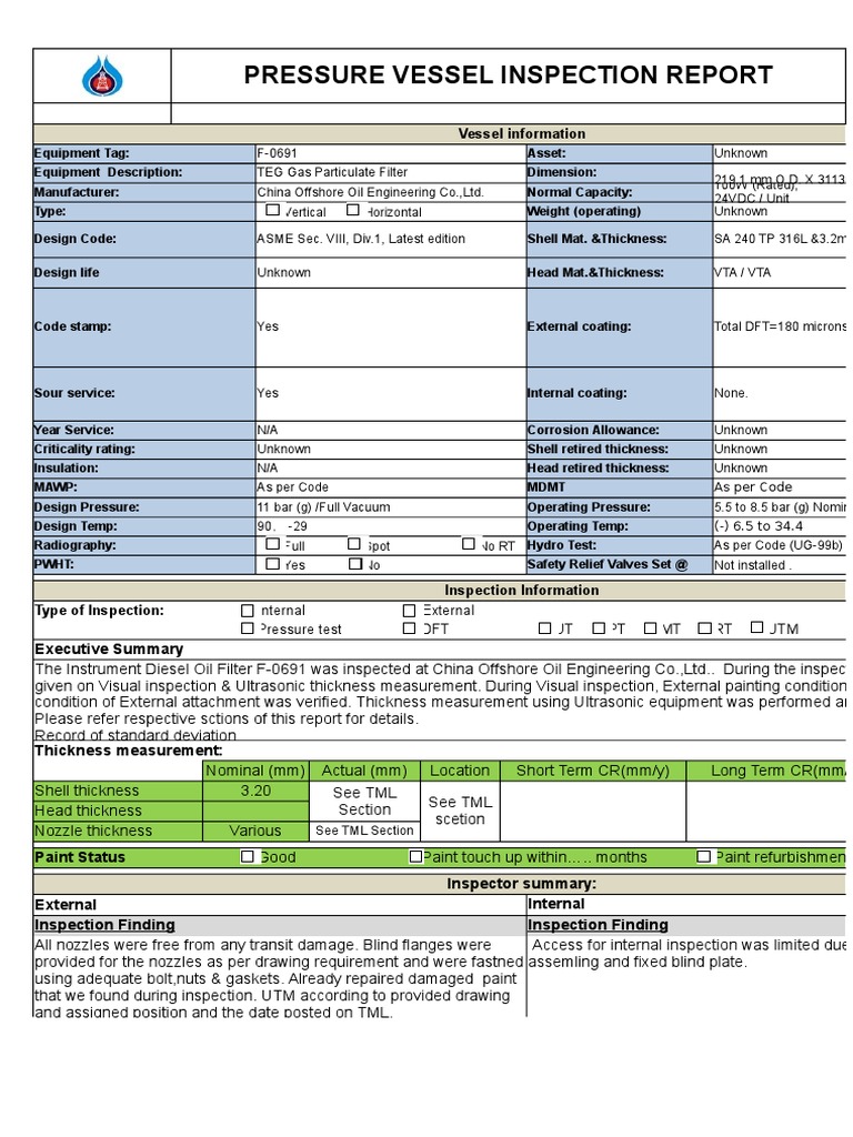 Pressure Vessel Inspection Report | PDF