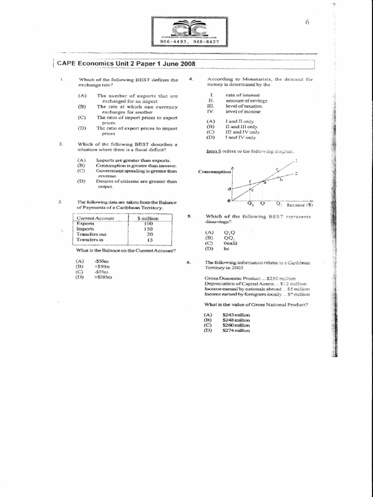 CAPE Economics Unit 2 2008 Paper 1 | PDF