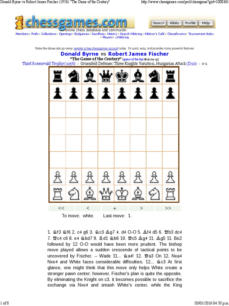 Game Of The Last Century - 13 Years Old Robert James „Bobby“ Fischer -  Donald Byrne 