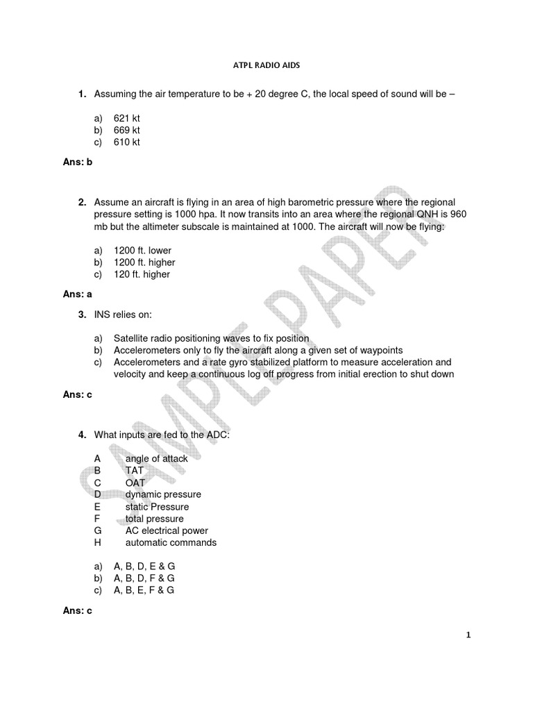 ATPL Sample Questions Radio Aids Transponder (Aeronautics) Geography