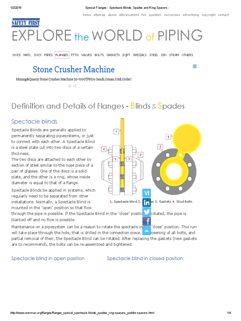 Special Flanges Spectacle Blinds, Spades and RingSpacers Mechanical Engineering Nature