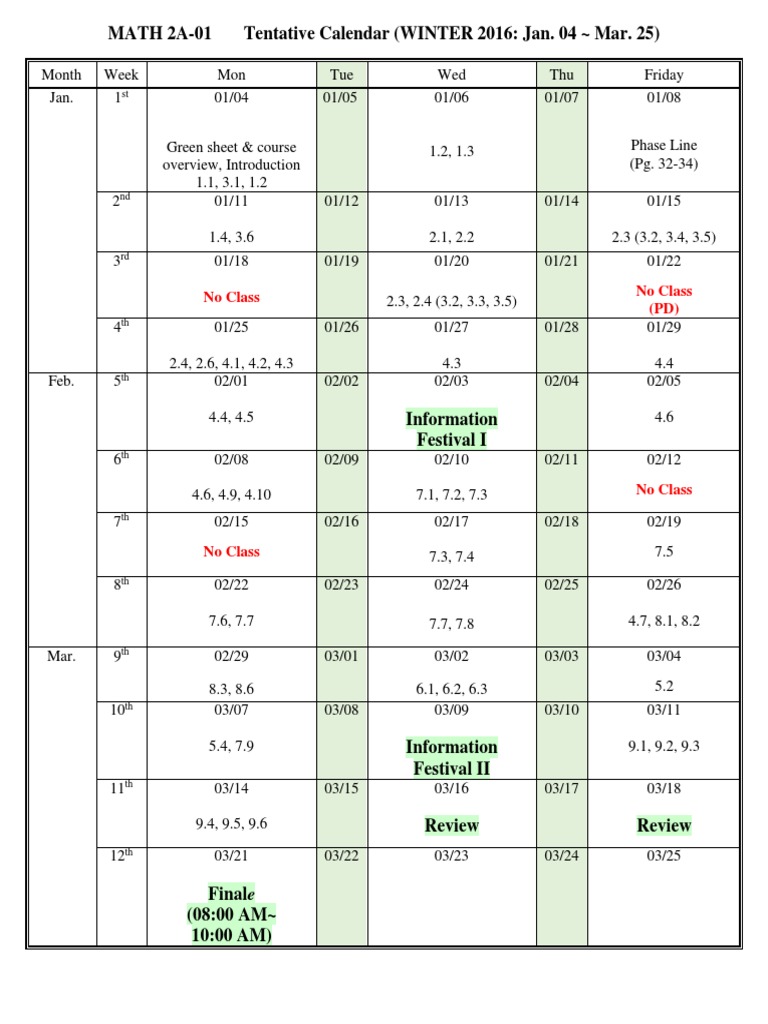 Math 2A Winter 2016 Calendar | PDF | Science & Mathematics