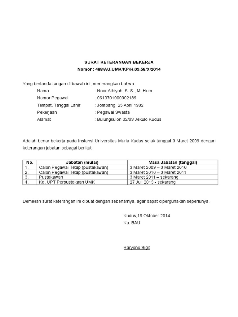 Contoh Surat Keterangan Bekerja Pdf