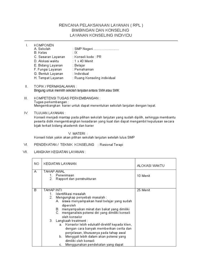 RPL Konseling Individu untuk Siswa SMP | PDF | Karier & Perkembangan ...