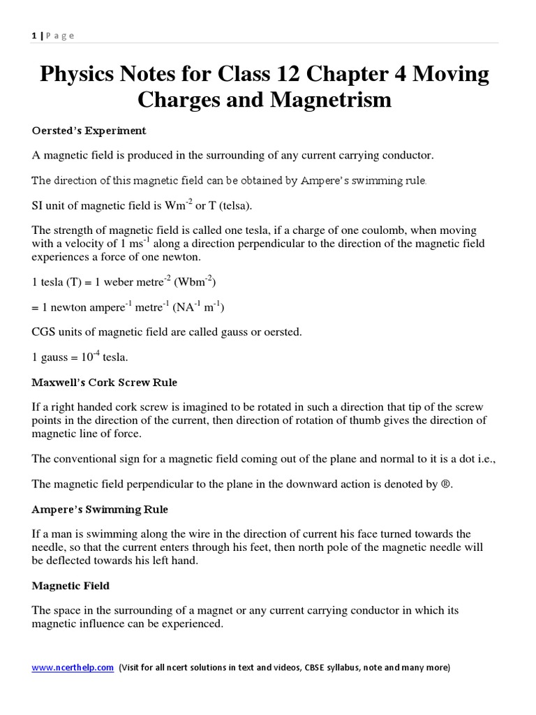 Physics Formual and Notes For Class 12 Chapter 4 Moving Charges and ...