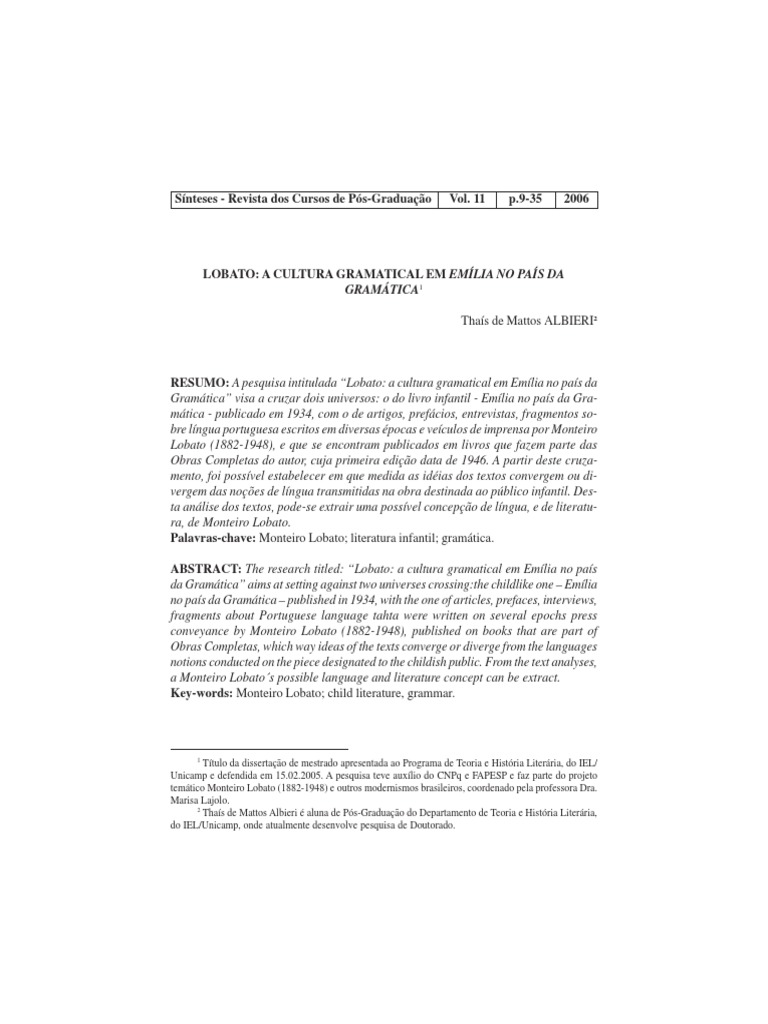 Emília No País Da Gramática Resumo Completo