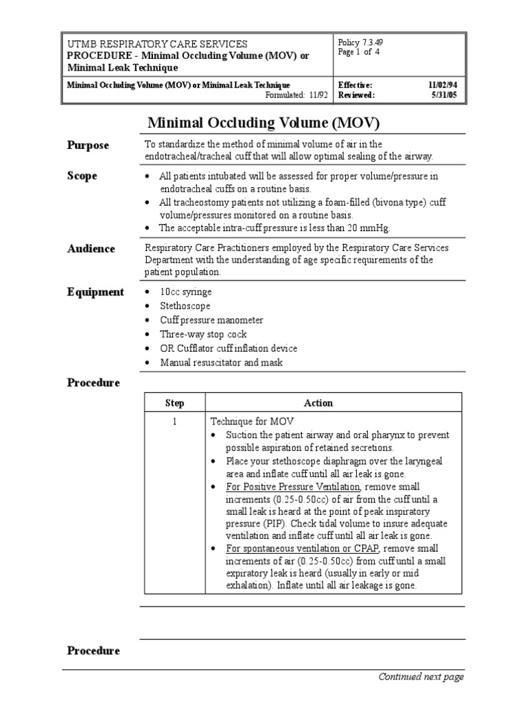 7349 Minimal Occluding Volume (MOV) Respiration Medical Specialties