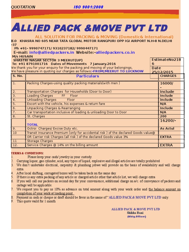 Quotation for Packing & Moving Services | PDF | Finance & Money ...