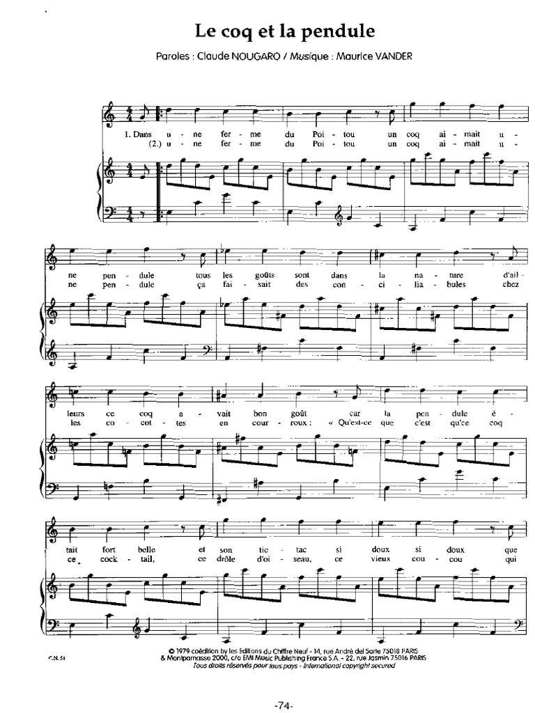 Claude Nougaro Le Coq Et La Pendule Paroles Claude Nougaro - Le Coq Et La Pendule - Partition Musicale