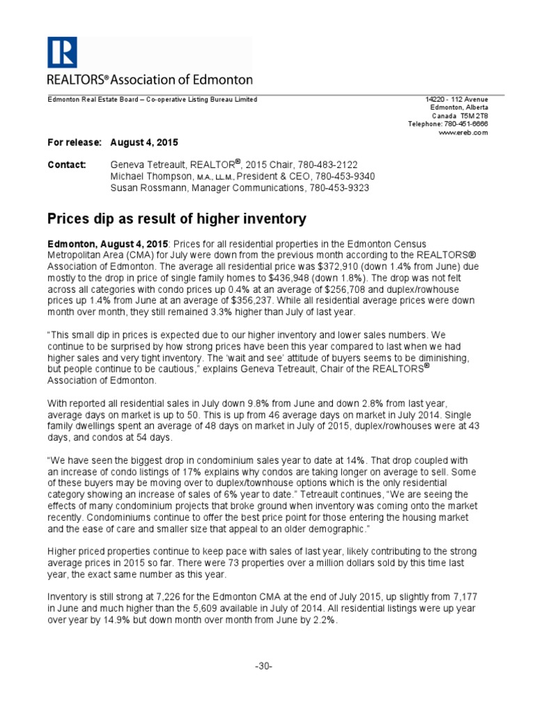 Edmonton Home Values, July 2015 PDF Industries Real Estate Law