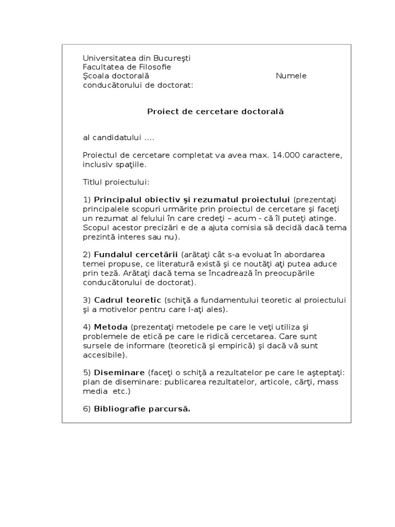 Admitere Doctorat 2015 Model Proiect de Cercetare Doctorala | PDF