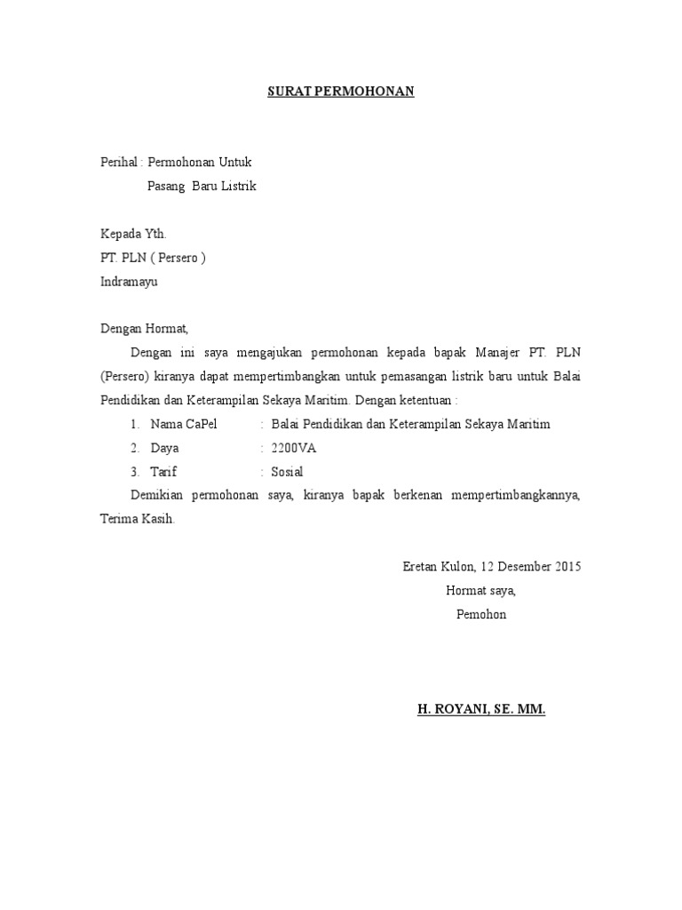 Contoh Surat Permohonan Pemasangan Listrik Pdf